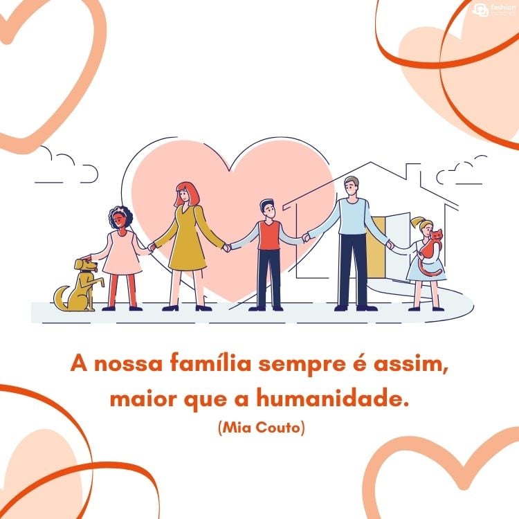 Cartão virtual de fundo branco com desenhos de coração, desenho de família composta por três crianças, dois adultos e um cachorro, além de frase "O tempo dedicado à família é sagrado e deve ser protegido e respeitado." (Boyd K. Packer)