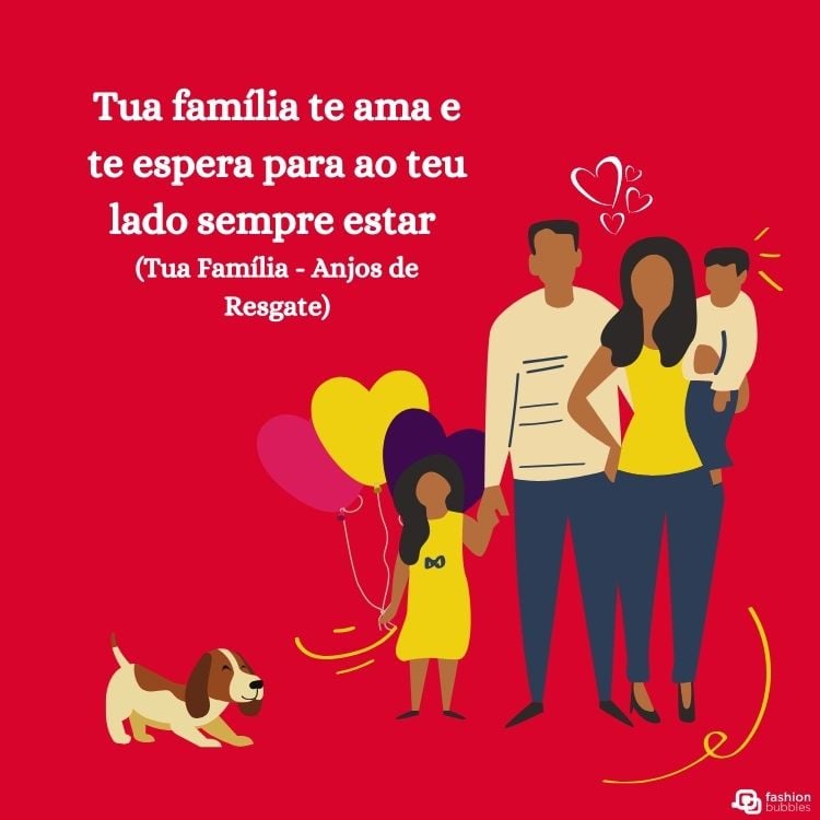 Cartão virtual de fundo vermelho com desenho de família de pele negra composta por dois adultos, duas crianças e um cachorro, além de frase ""Família bendita do Senhor/ De todas as bênçãos o amor/ É o maior tesouro que temos" (Família - Aline Barros)