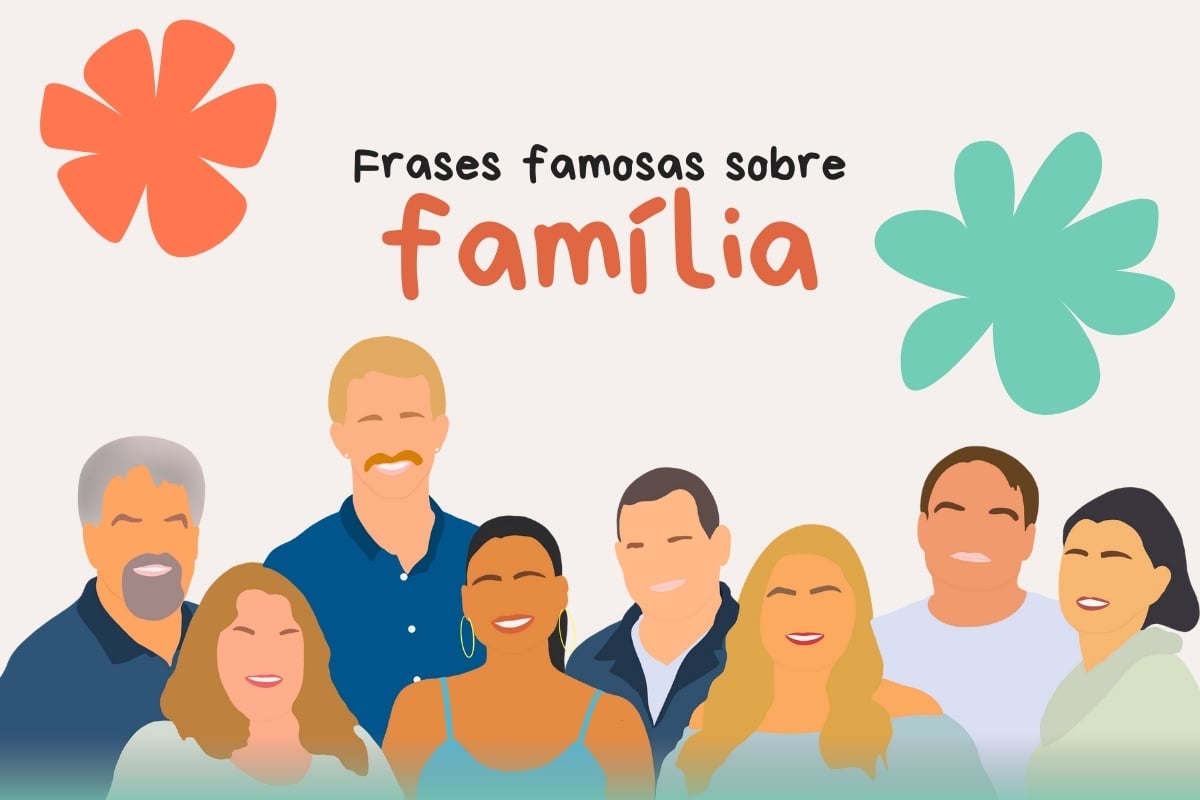 Montagem de fundo bege com flores laranja e verde-água e desenho de uma família com 4 homens e 4 mulheres