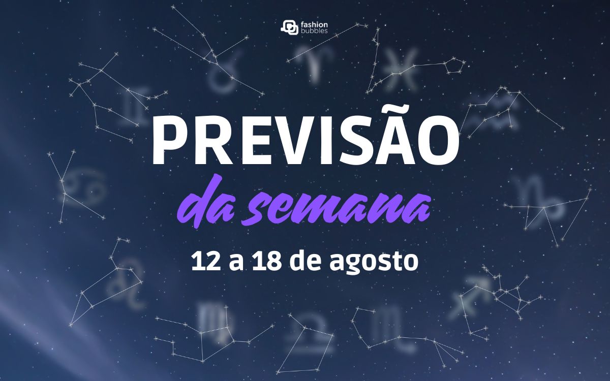 Céu estrelado com constelações e símbolos dos signos. Ao centro lê-se previsão da semana de 12 a 18 de agosto, horóscopo semanal