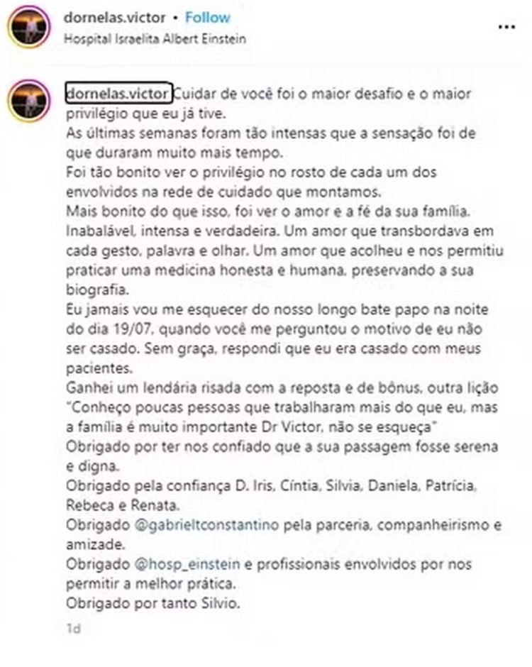 Print da legenda de publicação do médico do Silvio Santos falando sobre os últimos dias do apresentador no Instagram