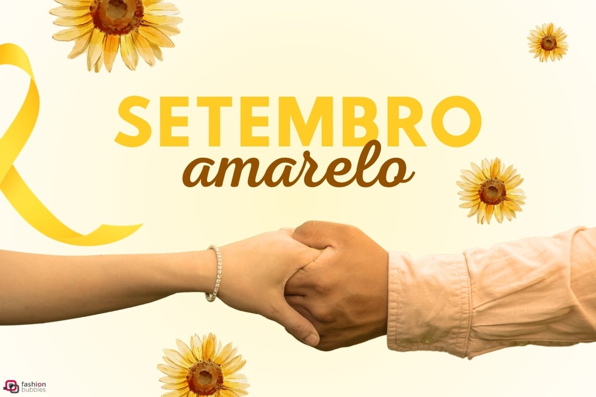 A imagem tem um fundo claro e apresenta duas mãos de diferentes tons de pele se segurando no centro. À esquerda, há uma fita amarela, símbolo da campanha de prevenção ao suicídio. No topo, está escrito "SETEMBRO" em letras grandes e amarelas, e "amarelo" em letras menores e marrons. Há várias flores de girassol espalhadas ao redor da imagem.