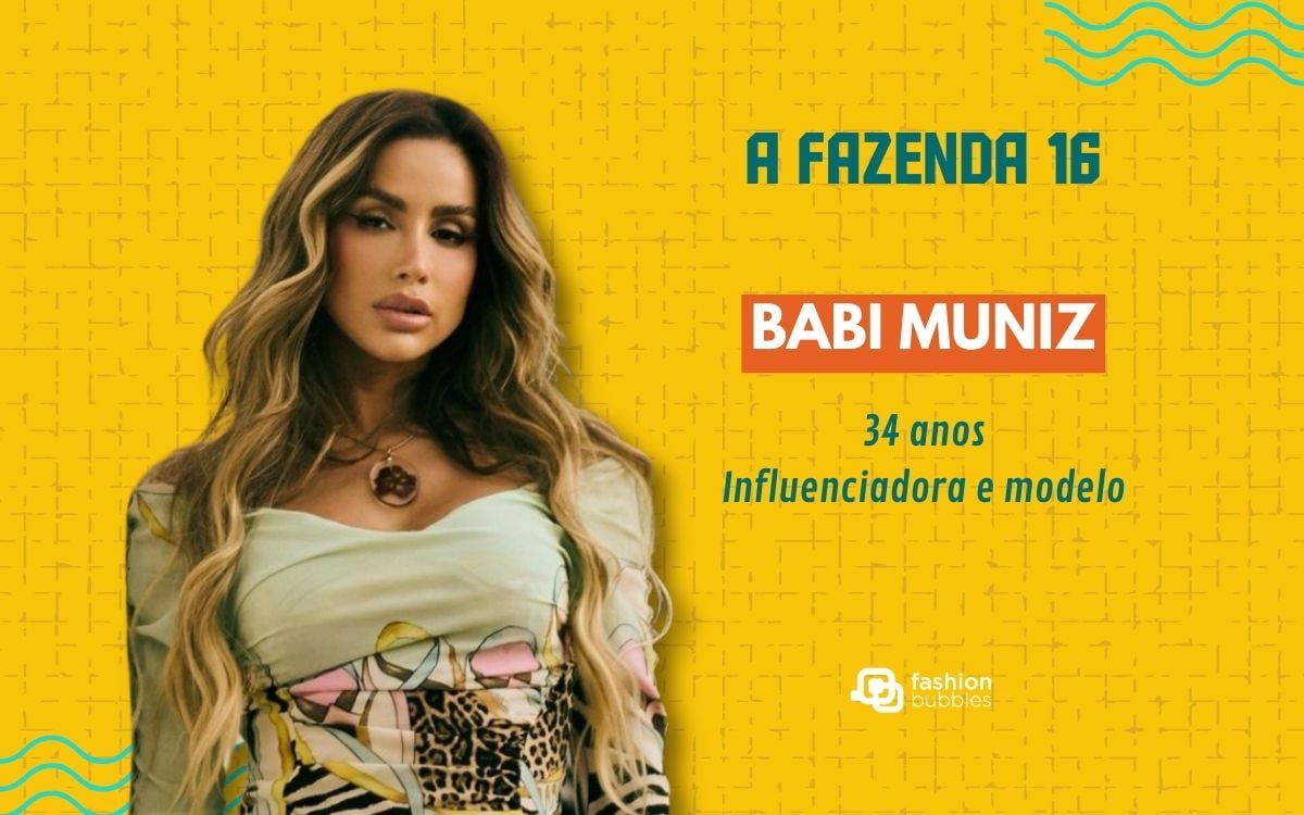 Fundo amarelo com foto de Babi Muniz, uma das participantes da Fazenda 2024