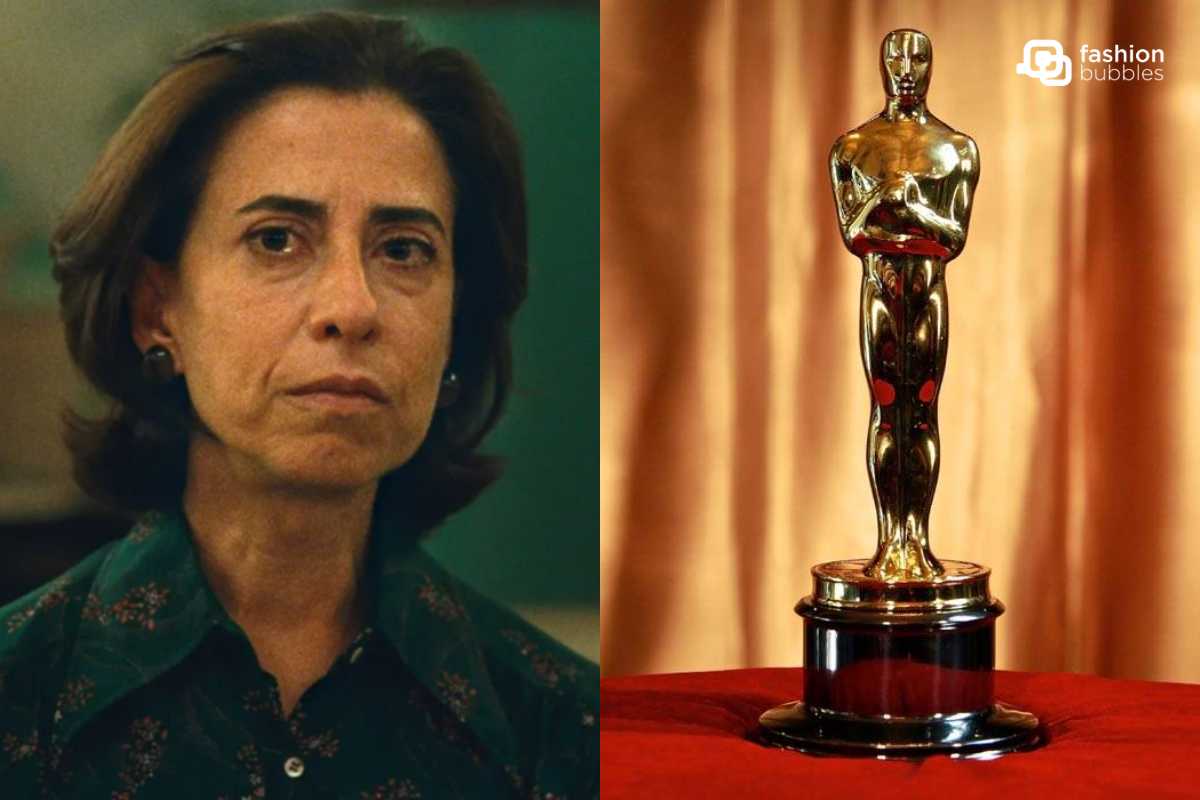 Fernanda Torres é branca, tem cabelos curtos e está caracterizada para o filme Ainda Estou Aqui. Ao lado, tem uma estatueta do Oscar.