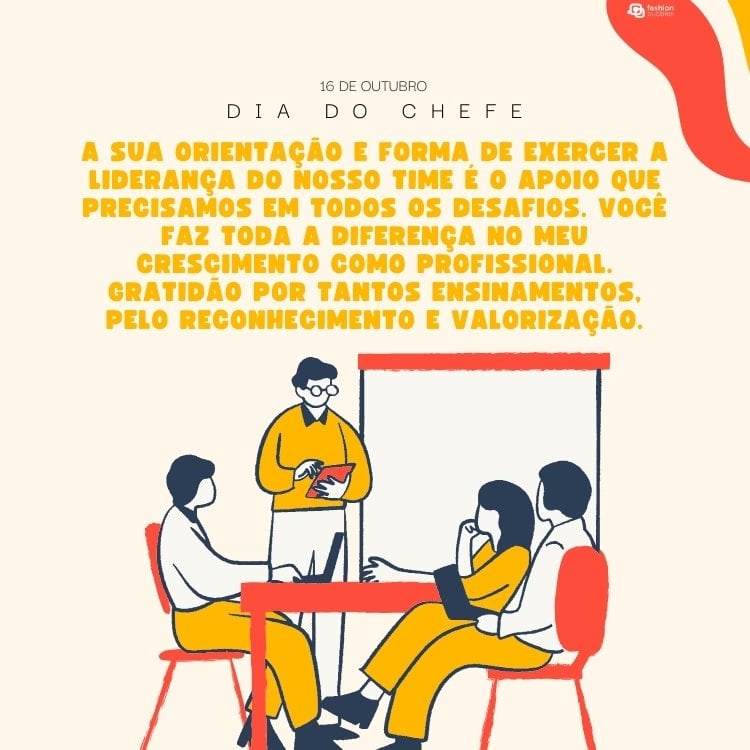 Cartão virtual de fundo bege com detalhe vermelho, frase "A sua orientação e forma de exercer a liderança do nosso time é o apoio que precisamos em todos os desafios. Você faz toda a diferença no meu crescimento como profissional. Gratidão por tantos ensinamentos, pelo reconhecimento e valorização. " e desenho de pessoas em reunião 