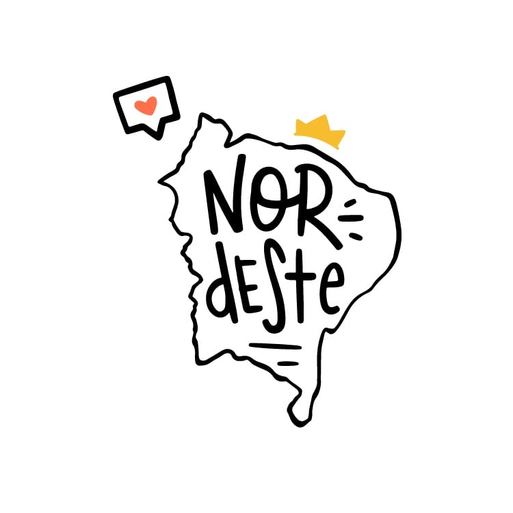 Desenho de contorno da região nordeste em preto, escrito "nordeste" dento, coroa no topo e balão  com coração 