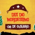 Montagem de fundo amarelado com desenho de cactos verdes, chapéu de cangaceiro marrom e frases "dia do nordestino" e "08 de outubro"