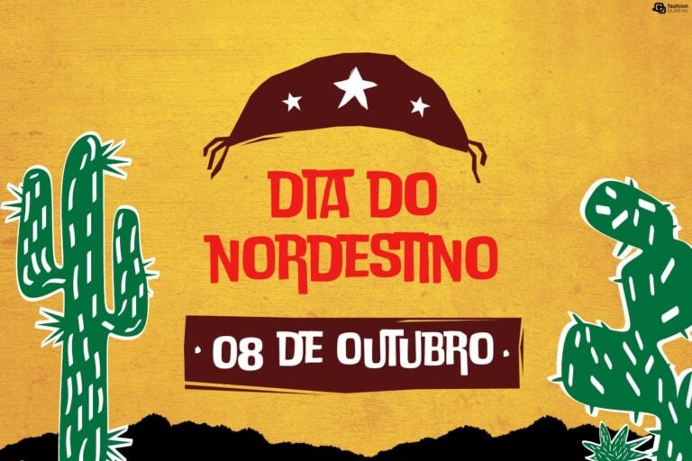 Montagem de fundo amarelado com desenho de cactos verdes, chapéu de cangaceiro marrom e frases "dia do nordestino" e "08 de outubro"