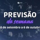 Céu estrelado com constelações e símbolos dos signos. Ao centro lê-se previsão da semana de 30 de setembro a 6 de outubro, horóscopo semanal