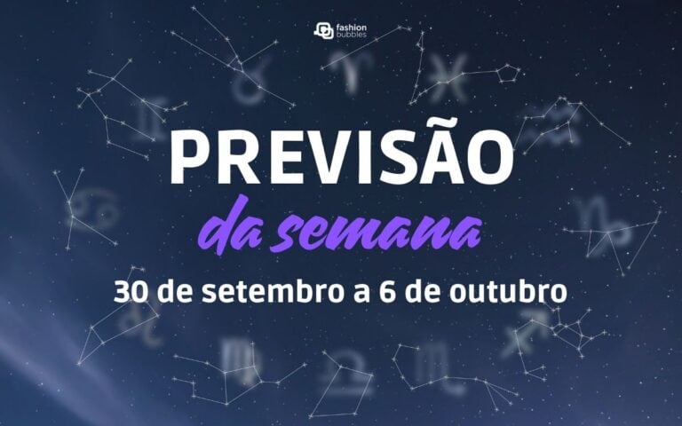 Céu estrelado com constelações e símbolos dos signos. Ao centro lê-se previsão da semana de 30 de setembro a 6 de outubro, horóscopo semanal