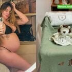 Virginia grávida de José Leonardo, mostrando a barriga, e o berço para a chegada do filho