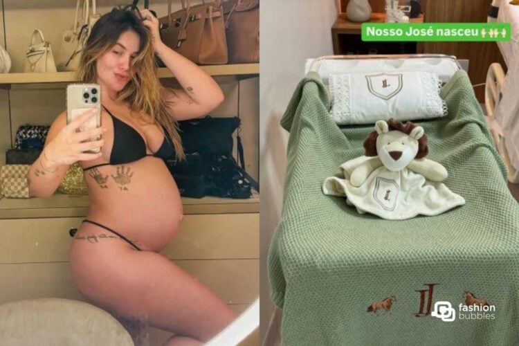 Virginia grávida de José Leonardo, mostrando a barriga, e o berço para a chegada do filho