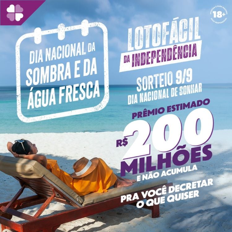 Foto de mulher na praia com informações da Lotofácil, como a data do sorteio (9/9) e o valor do prêmio (220 milhões de reais)