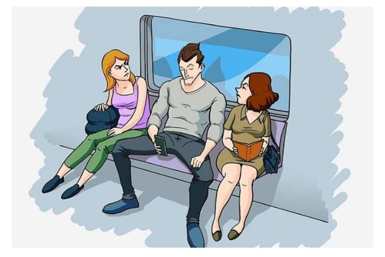 Ilustração de um homem de pernas abertas no transporte público ao lado de duas mulheres incomodadas 