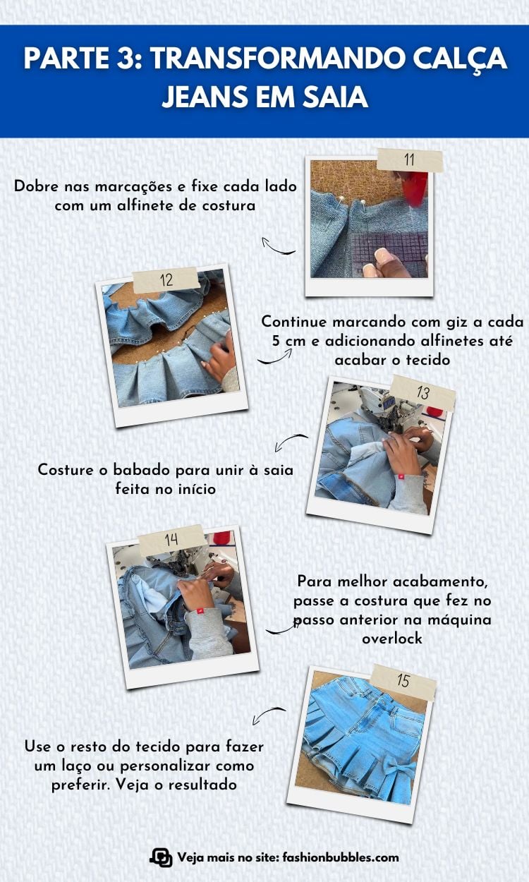 A imagem é um tutorial de como transformar calça jeans em saia. Instruções incluem dobrar e fixar com alfinetes, marcar com giz a cada 5 cm, costurar o babado na saia, e usar máquina overlock para acabamento. O tecido restante pode ser usado para personalizações. O resultado final é mostrado na última imagem. Mais detalhes em fashionbubbles.com.