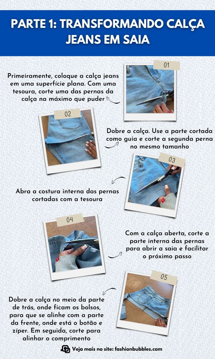 A imagem mostra um tutorial passo a passo para transformar calça jeans em saia. Inicia cortando uma perna da calça, usando-a como guia para cortar a outra. Em seguida, abre-se a costura interna das pernas e corta-se a parte interna para facilitar a transformação. O processo termina alinhando e cortando o comprimento desejado.