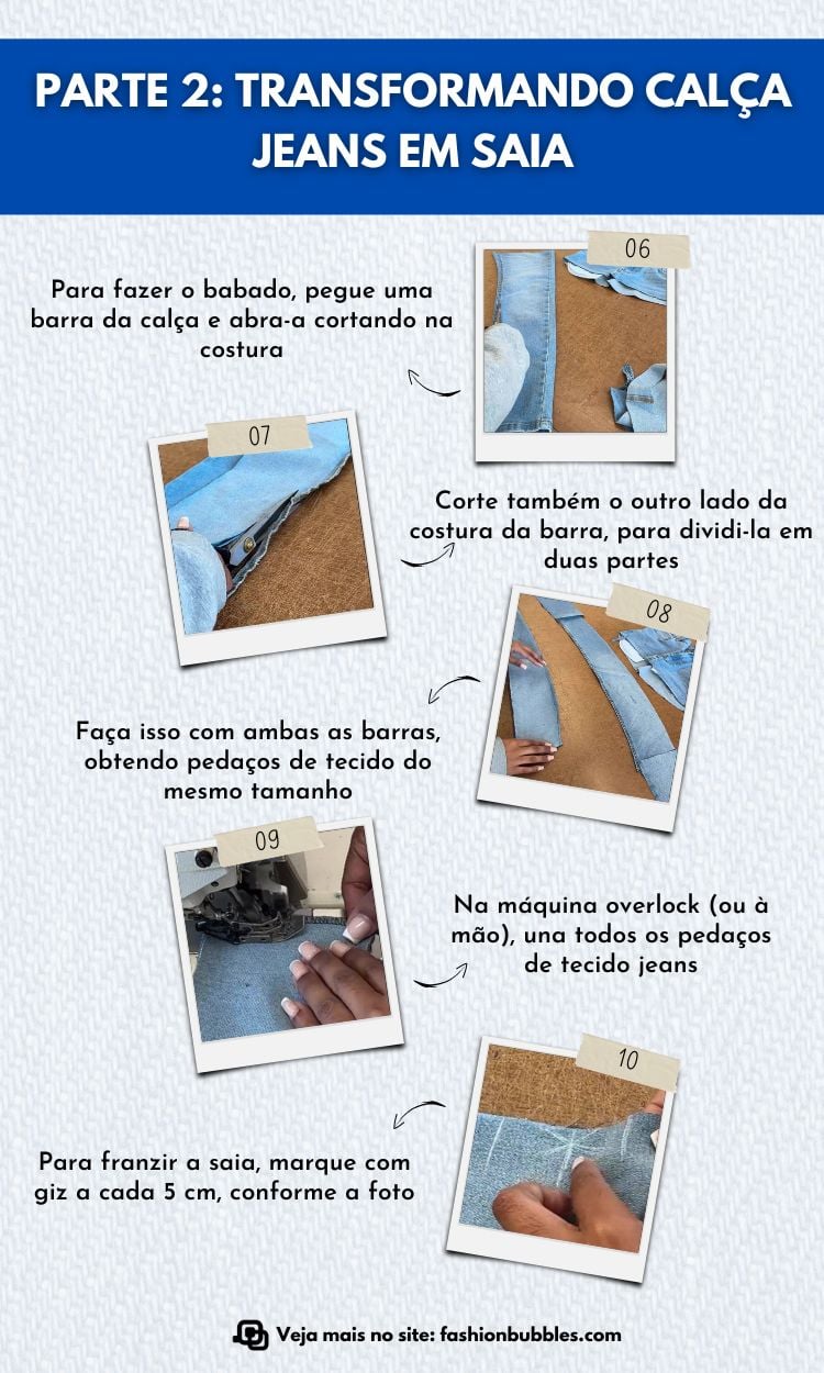 A imagem é um tutorial para transformar calça jeans em saia. Mostra como cortar a barra da calça, dividindo-a em duas partes. Em seguida, orienta a unir as partes com máquina overlock ou à mão. Para franzir a saia, é preciso marcar com giz a cada 5 cm. O site fashionbubbles.com oferece mais informações.