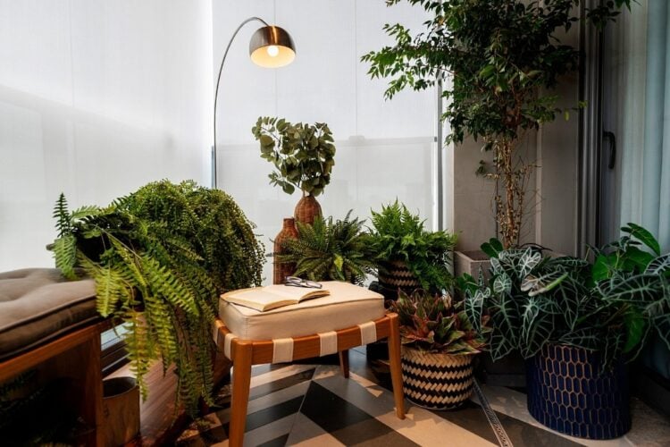 A imagem mostra um ambiente interno decorado com várias plantas em vasos, criando uma atmosfera aconchegante e natural. Há uma variedade de plantas, incluindo samambaias e outras espécies de folhagem, dispostas em vasos de diferentes tamanhos e padrões. Um banco acolchoado, de madeira clara com tiras de tecido, está posicionado no centro da cena, com um livro aberto e um par de óculos sobre ele, sugerindo um espaço de leitura ou relaxamento. Ao fundo, há uma luminária de chão com um design moderno, com uma haste curva e uma cúpula metálica dourada que ilumina suavemente o ambiente. As paredes são claras e há uma grande janela com cortinas translúcidas, permitindo a entrada de luz natural, o que contribui para o crescimento das plantas e reforça a sensação de tranquilidade do espaço. O piso tem um padrão geométrico em tons de preto, branco e cinza, complementando a decoração moderna e natural do ambiente.