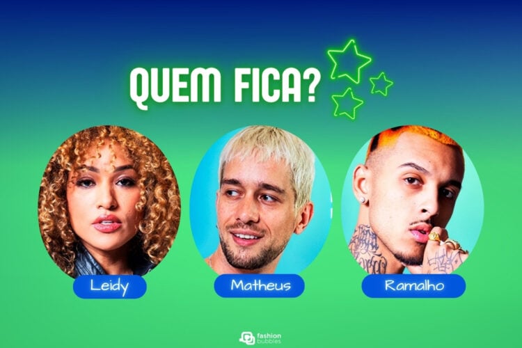 A imagem apresenta três retratos de mulheres lado a lado, cada uma com um nome abaixo: Leidy, Matheus e Ramalho. O fundo é em tons de azul e verde, com a frase "QUEM FICA?" no topo. Há também estrelas verdes desenhadas ao lado da frase.