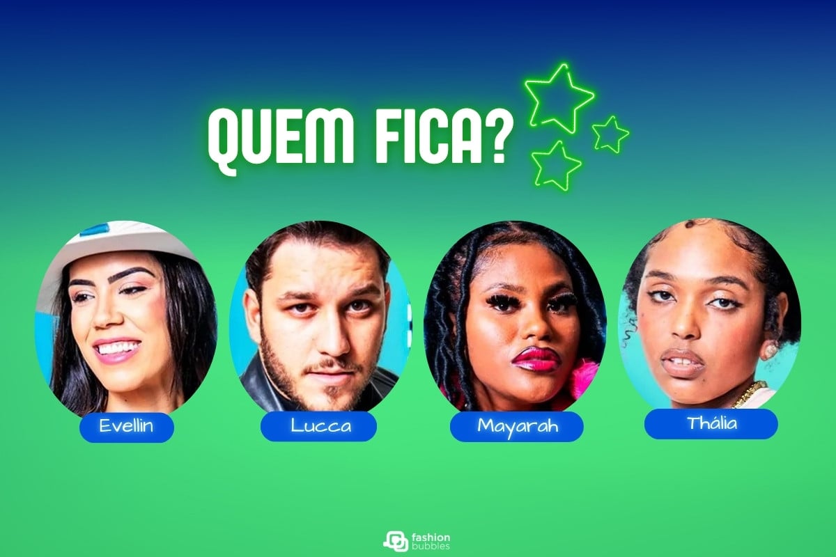 A imagem mostra quatro pessoas, cada uma com seu nome identificado logo abaixo de suas fotos: Evelin, Lucca, Mayarah e Thália. O fundo da imagem é em tons de verde e azul, com o texto "QUEM FICA?" em destaque na parte superior, sugerindo que se trata de uma votação ou decisão entre os participantes. Acima das fotos, há três estrelas verdes estilizadas, reforçando a ideia de competição. As fotos dos participantes estão em molduras circulares, e cada nome aparece em uma cor azul com letras brancas. A imagem parece associada a um evento ou reality show.