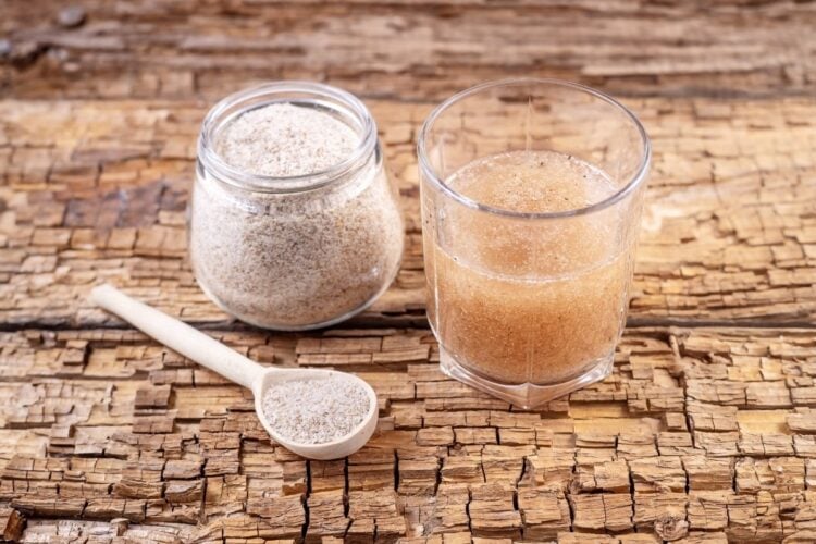 A imagem mostra psyllium em três formas: um pote de vidro cheio de psyllium em pó, uma colher de madeira contendo o mesmo pó, e um copo com água onde o psyllium foi misturado, formando uma substância gelatinosa. Todos os itens estão sobre uma superfície de madeira rústica, destacando a textura do psyllium.