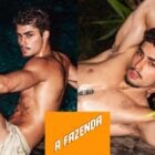 Duas fotos de Gui Vieira, ator que vai entrar em A Fazenda 2024. Ele está sem camisa e sensualiza