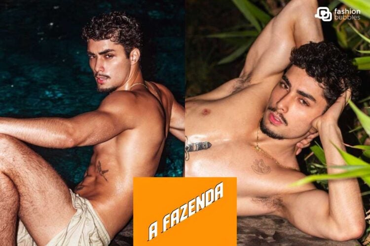 Duas fotos de Gui Vieira, ator que vai entrar em A Fazenda 2024. Ele está sem camisa e sensualiza