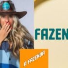 Montagem de fotos de Adriane Galisteu, loira, com chapéu de Fazendeira, e a logo de A Fazenda 2024