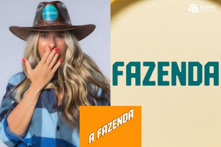 Montagem de fotos de Adriane Galisteu, loira, com chapéu de Fazendeira, e a logo de A Fazenda 2024