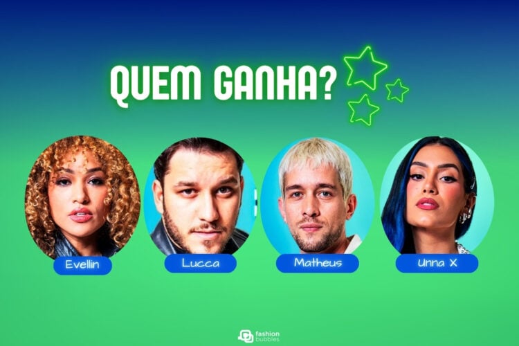 Esta imagem apresenta quatro pessoas, cada uma com um nome destacado abaixo de suas fotos: Evellin, Lucca, Matheus e Unna X. O fundo é em tons de verde e azul, com estrelas decorativas ao lado do texto "Quem Ganha?", sugerindo uma competição ou votação entre os indivíduos apresentados. A imagem parece ser parte de um conteúdo promocional ou de entretenimento, possivelmente relacionado a um programa de televisão ou evento público onde o público é convidado a escolher um vencedor entre os participantes. As expressões faciais dos retratados são variadas, transmitindo confiança e expectativa.