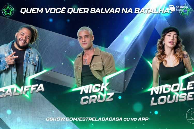 Imagem de Califfa, Nick e Nicole em um fundo verde, simulando uma batalha, com estrelas verdes do Estrela da Casa.