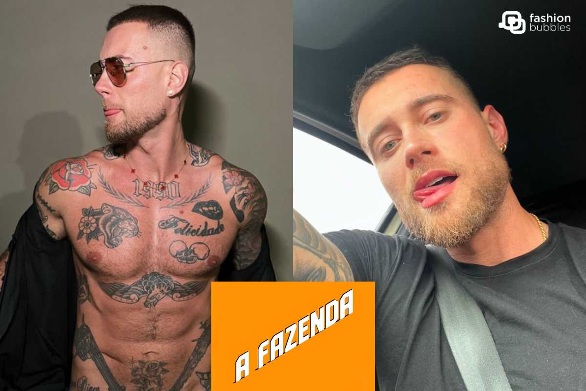 Yuri Bonotto, de A Fazenda 2024, é bem definido, tem tatuagens em todo o seu dorso e barriga, é branco, tem barba