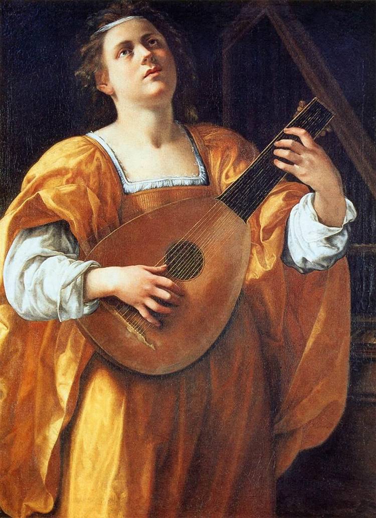 A pintura de Artemisia Gentileschi retrata Santa Cecília tocando um alaúde. Ela veste uma túnica dourada com detalhes brancos e exibe uma expressão sonhadora, olhando para cima. A luz suave destaca seu rosto e as dobras da roupa, criando uma atmosfera de serenidade e contemplação musical. O fundo é escuro, realçando a figura principal.