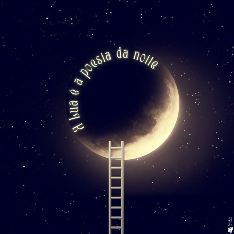 A imagem apresenta uma escada alcançando uma lua crescente em um céu estrelado. Ao redor da lua, está a frase: "A lua é a poesia da noite." O cenário evoca uma sensação de mistério e inspiração, ideal para criar frases sobre a lua e sua beleza poética, destacando a conexão entre céu e terra.