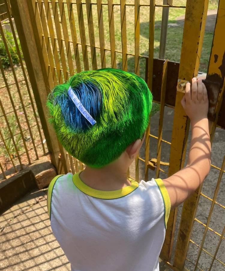 Um menino de costas, usando uma camiseta branca com detalhes amarelos, está junto a um portão de metal. Seu cabelo é pintado de verde e azul vibrante, simulando a bandeira do Brasil. A cena é iluminada pelo sol, projetando sombras do portão no chão e no menino. O ambiente é ao ar livre, com gramado ao fundo.