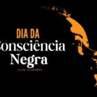 A imagem celebra o Dia da Consciência Negra, destacando a data 20 de novembro. Em um fundo preto, há o perfil de um rosto em laranja, simbolizando a resistência e a força da cultura afro-brasileira. As palavras "Dia da Consciência Negra" aparecem em destaque, transmitindo a importância da reflexão e valorização da história e identidade negras.