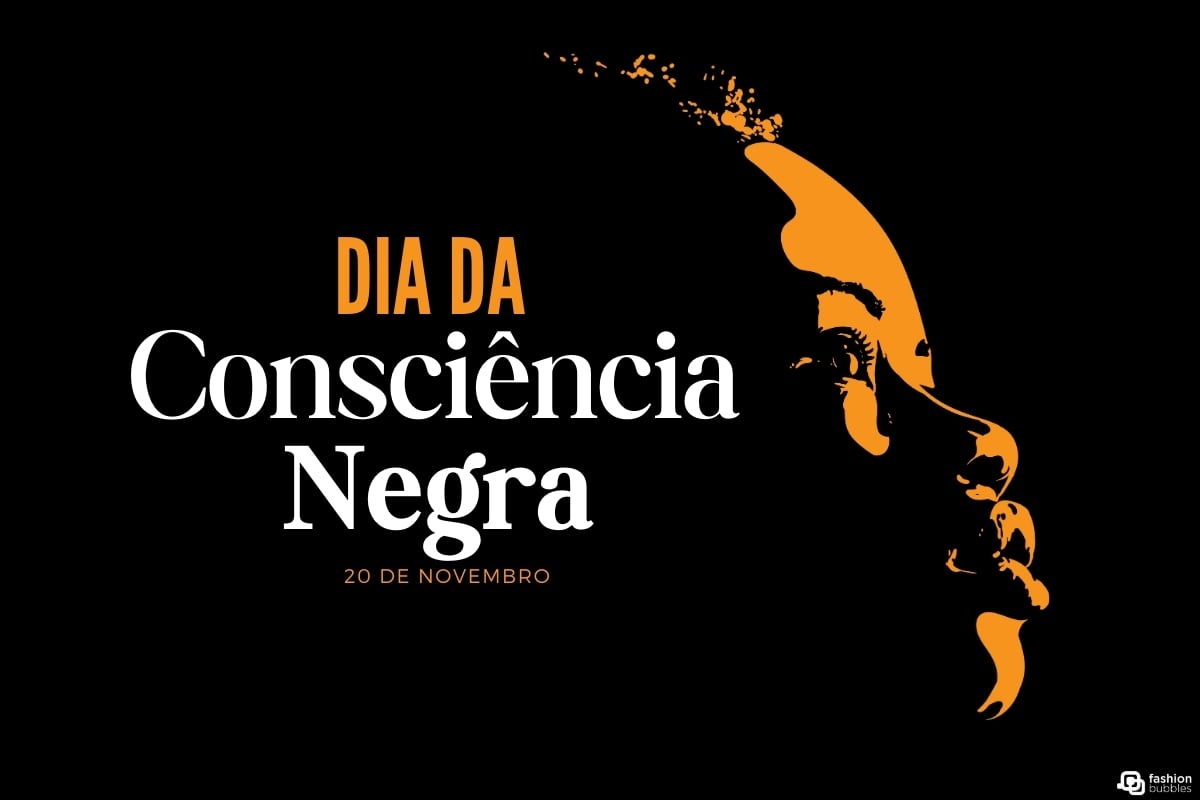 A imagem celebra o Dia da Consciência Negra, destacando a data 20 de novembro. Em um fundo preto, há o perfil de um rosto em laranja, simbolizando a resistência e a força da cultura afro-brasileira. As palavras "Dia da Consciência Negra" aparecem em destaque, transmitindo a importância da reflexão e valorização da história e identidade negras.