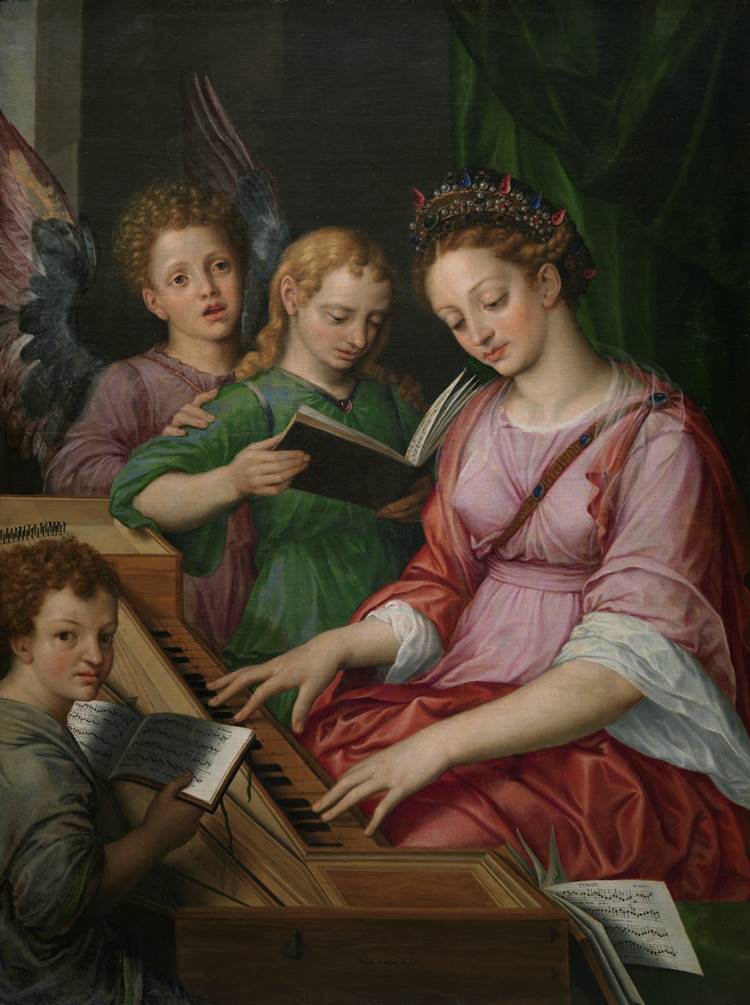 A pintura de Michiel Coxie retrata Santa Cecília tocando um teclado, cercada por três anjos. Ela veste uma túnica rosa e uma coroa de flores. Os anjos, com cabelos dourados e asas, seguram partituras e observam com atenção. A cena é íntima e serena, destacando a devoção e a harmonia musical do momento.