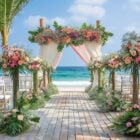 A imagem mostra uma cerimônia de casamento ao ar livre, com uma bela decoração à beira-mar. O cenário é composto por uma estrutura de altar decorada com tecidos claros e flores em tons de rosa, laranja e verde. As cadeiras para os convidados estão dispostas em filas, com capas brancas e fitas elegantes. Flores tropicais e folhagens complementam o ambiente, criando uma atmosfera romântica e tropical. Ao fundo, é possível ver o mar azul-turquesa e o céu claro, proporcionando um visual paradisíaco perfeito para um casamento na praia.