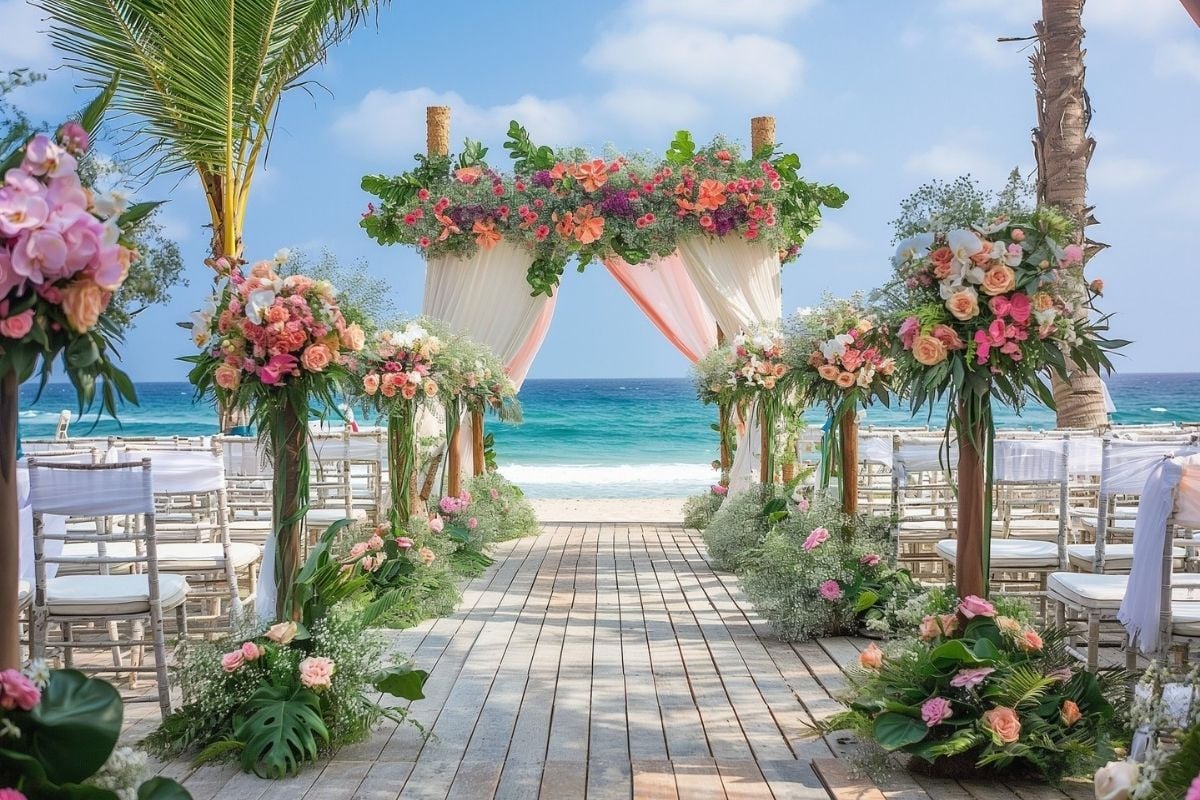 A imagem mostra uma cerimônia de casamento ao ar livre, com uma bela decoração à beira-mar. O cenário é composto por uma estrutura de altar decorada com tecidos claros e flores em tons de rosa, laranja e verde. As cadeiras para os convidados estão dispostas em filas, com capas brancas e fitas elegantes. Flores tropicais e folhagens complementam o ambiente, criando uma atmosfera romântica e tropical. Ao fundo, é possível ver o mar azul-turquesa e o céu claro, proporcionando um visual paradisíaco perfeito para um casamento na praia.