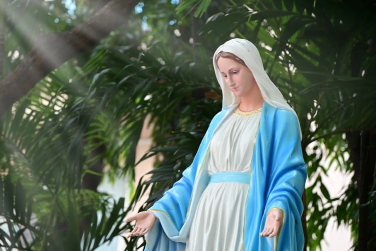 Foto de estátua de Nossa Senhora da Medalha Milagrosa com roupa azul e branca 