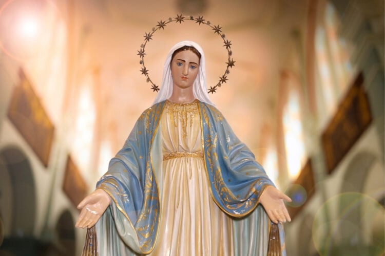 Foto de estátua de Nossa Senhora das Graças usando vestimentas azuis e brancas