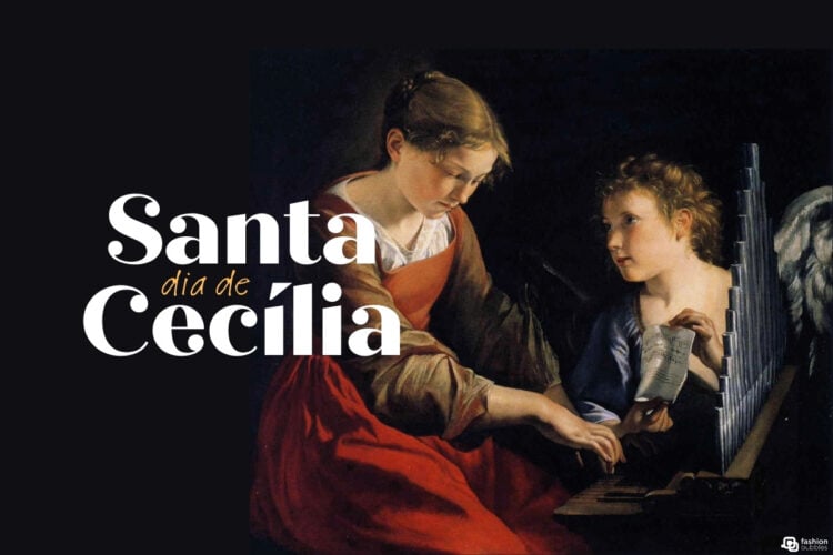 A imagem é uma montagem da pintura "Santa Cecília com um Anjo" de Orazio Gentileschi. Mostra Santa Cecília tocando um órgão, enquanto um anjo ao seu lado segura uma partitura. Ambos têm expressões serenas e concentradas. À esquerda, está escrito "Santa Cecília" em letras grandes e elegantes, com fundo preto.