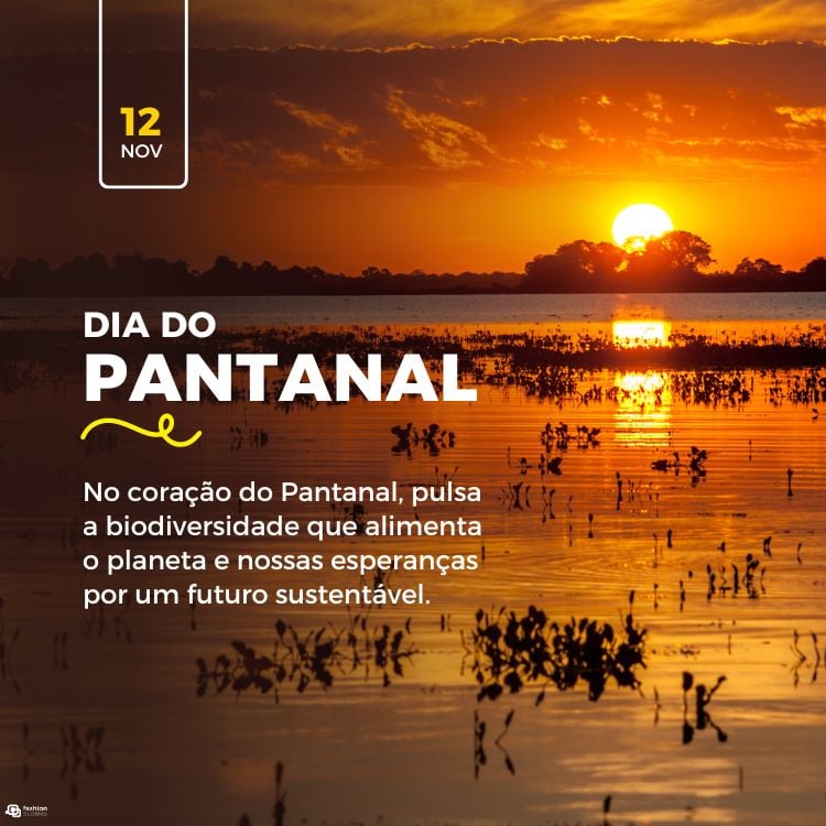 Foto de pôr do sol no Pantanal e frases "Dia do Pantanal" e "No coração do Pantanal, pulsa a biodiversidade que alimenta o planeta e nossas esperanças por um futuro sustentável."