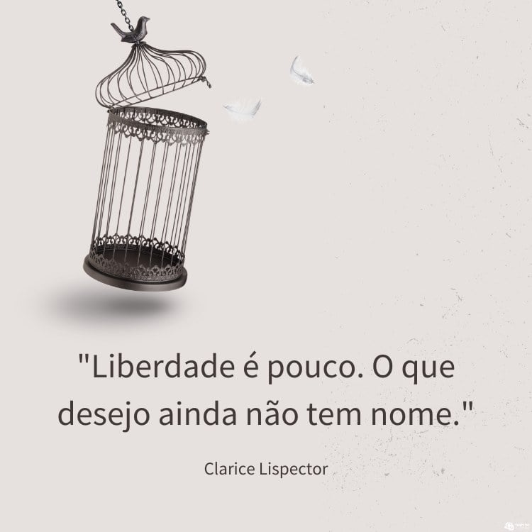 Cartão virtual de fundo cinza com desenho de gaiola aberta e frase "Liberdade é pouco. O que desejo ainda não tem nome."