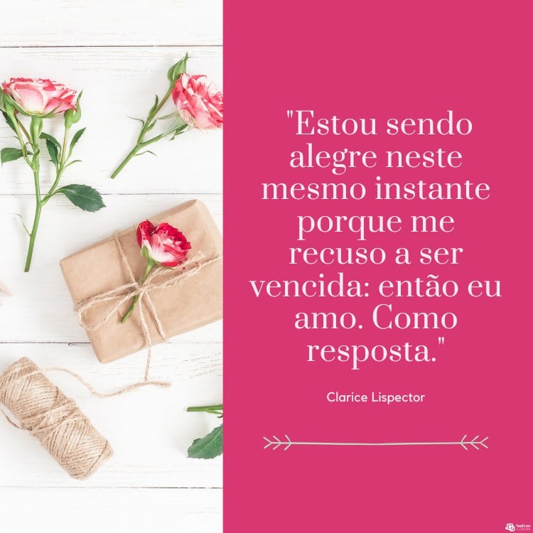 Cartão virtual com foto de flores e presentes e fundo rosa com frase "Estou sendo alegre neste mesmo instante porque me recuso a ser vencida: então eu amo. Como resposta."