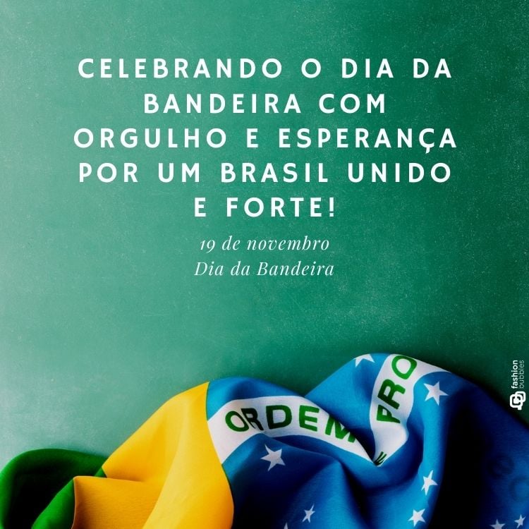 A imagem mostra a bandeira do Brasil parcialmente dobrada, destacando o verde, amarelo e azul, com o lema "Ordem e Progresso" visível. O fundo é verde e contém o texto: "Celebrando o Dia da Bandeira com orgulho e esperança por um Brasil unido e forte!" Abaixo, lê-se "19 de novembro, Dia da Bandeira".