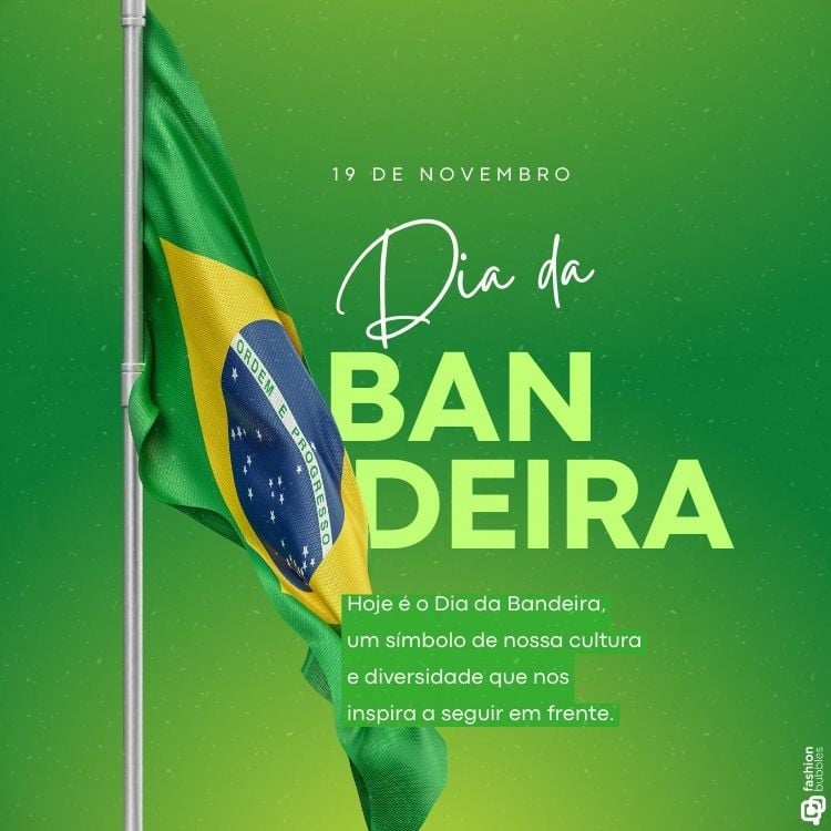 A imagem apresenta a bandeira do Brasil tremulando em um mastro prateado. O fundo é um gradiente verde. No topo, lê-se "19 de Novembro". Ao centro, em letras grandes: "Dia da BANDEIRA". Abaixo, em letras menores: "Hoje é o Dia da Bandeira, um símbolo de nossa cultura e diversidade que nos inspira a seguir em frente."