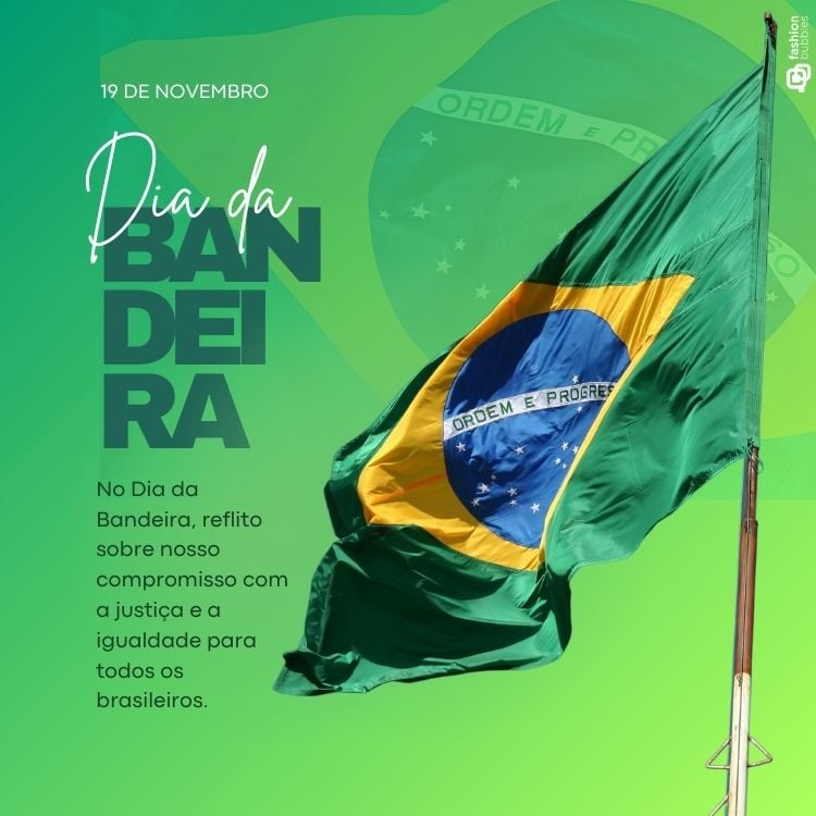 A imagem mostra a bandeira do Brasil tremulando contra um fundo verde. No canto superior esquerdo, lê-se "19 de Novembro". Abaixo, em letras grandes, "Dia da Bandeira". Mais abaixo, o texto diz: "No Dia da Bandeira, reflito sobre nosso compromisso com a justiça e a igualdade para todos os brasileiros."