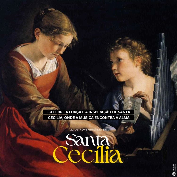 A imagem apresenta a pintura de Orazio Gentileschi, mostrando Santa Cecília tocando um órgão, acompanhada por um anjo que segura uma partitura. Ela veste uma túnica vermelha e branca, com expressão serena. O texto sobreposto diz: "Celebre a força e a inspiração de Santa Cecília, onde a música encontra a alma. 22 de novembro, dia de Santa Cecília."